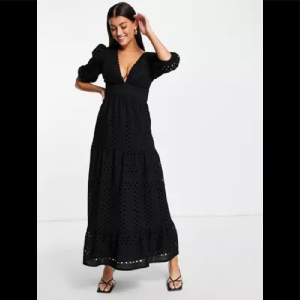 ASOS DESIGN Premium plunge eyelet tiered midi dress with button neck in black✨